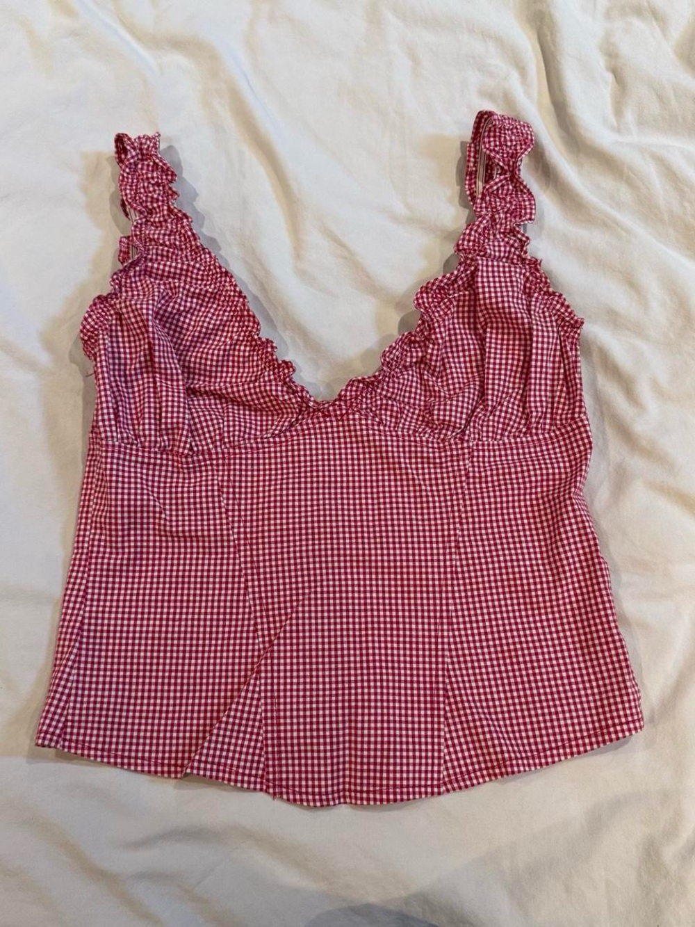 Y2K Red Gingham Ruffle Plunge Top - Picture 2 of 5